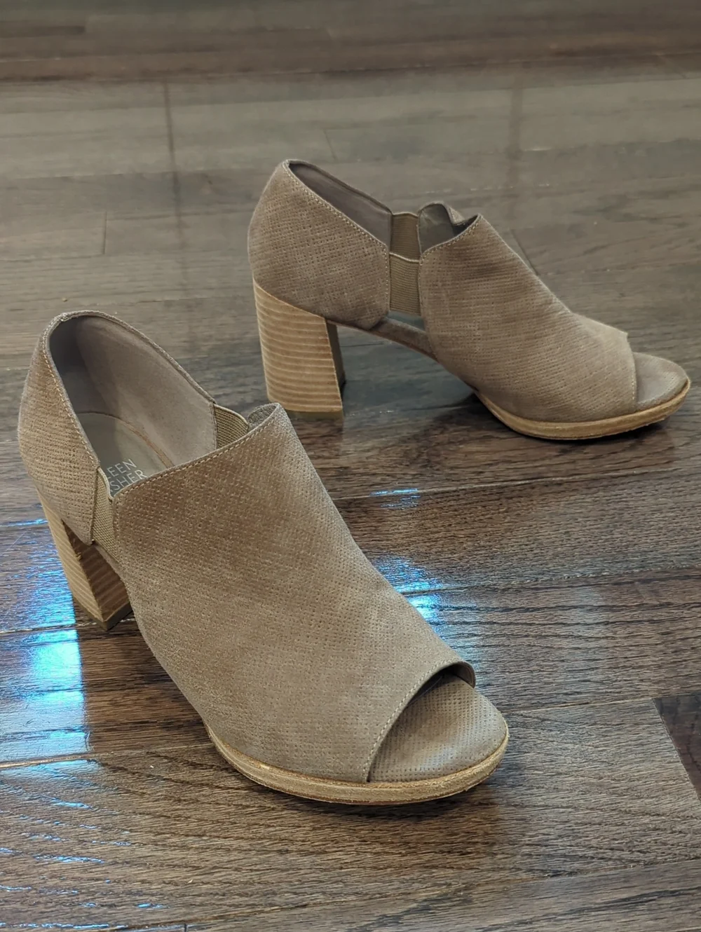 Eileen Fisher Taupe Open-Toe Block Heel Booties